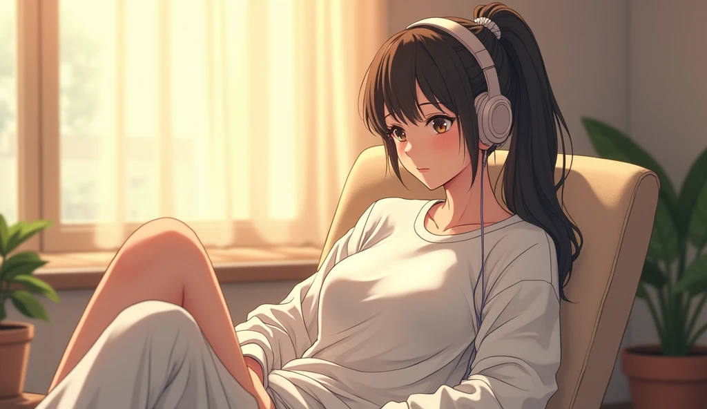 morning、Listen to music in the room、Sit on a chair、high school girl、Big Breasts、 relax、White sweatshirt、ponytail、Use headphones, Bright environment、2D-style animation, Lo-Fi、Retro、Anime style illustrations、Line art with clear outlines