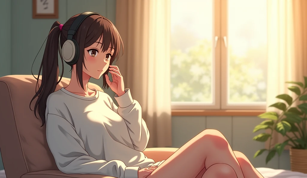 morning、Listen to music in the room、Sit on a chair、high school girl、Big Breasts、 relax、White sweatshirt、ponytail、Use headphones, Bright environment、2D-style animation, Lo-Fi、Retro、Anime style illustrations、Line art with clear outlines