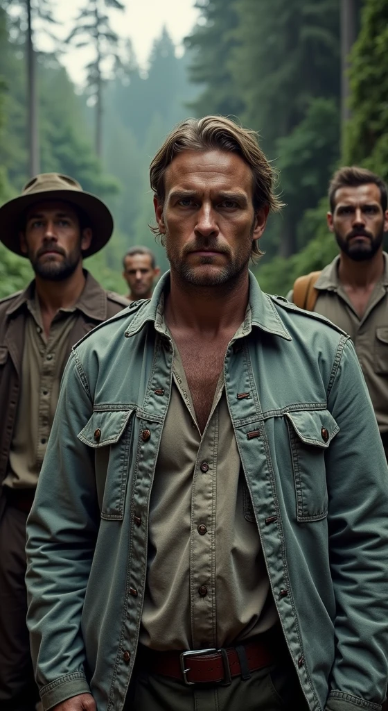 mugshot of men standing in the forest