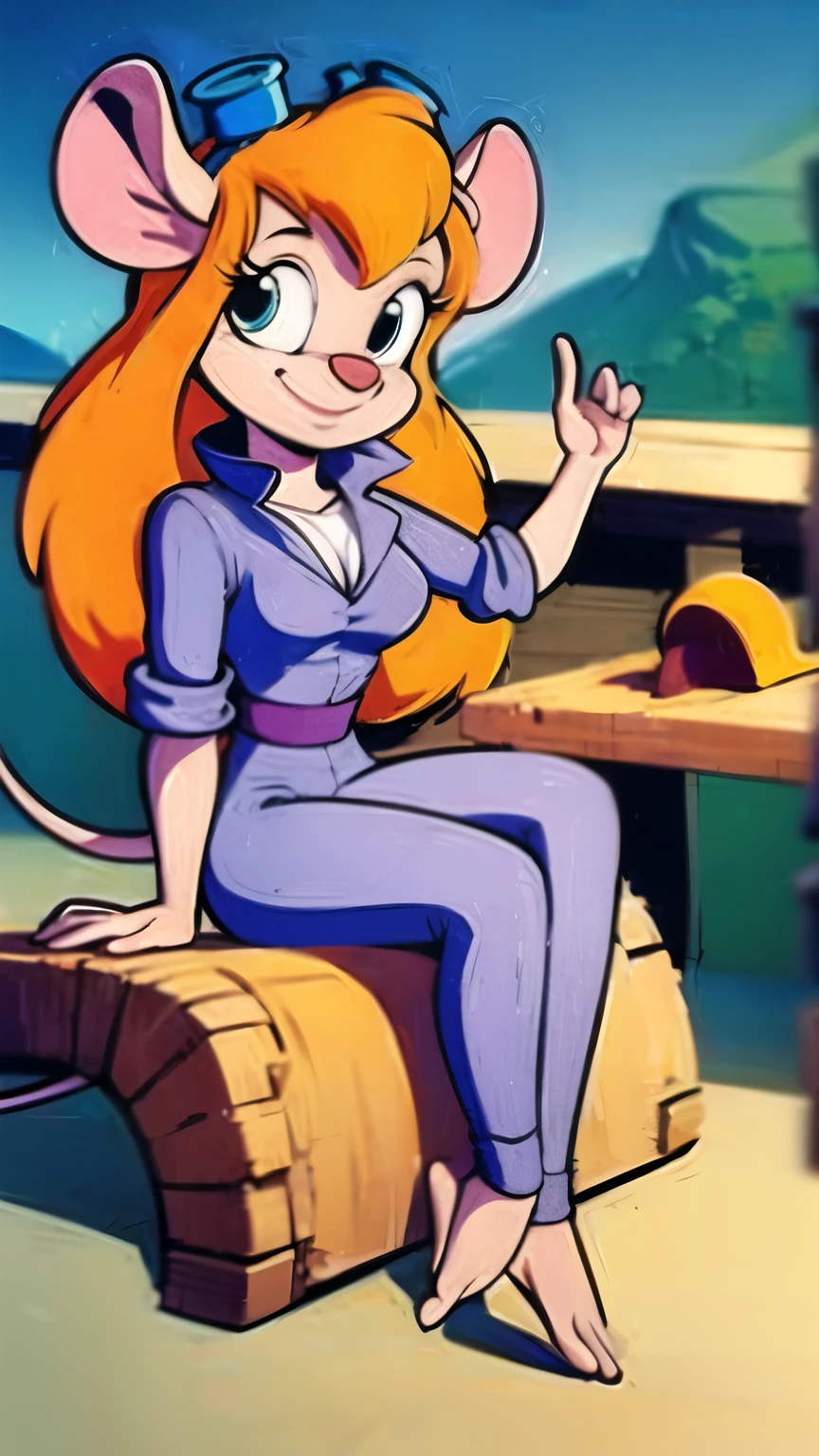 CARTOON_gadget_hackwrench mouse, mouse girl, animal nose, orange hair, jumpsuit, goggles on head, bare feet, animal feet, smiling, long mouse tail, workshop background, work bench, cleavage