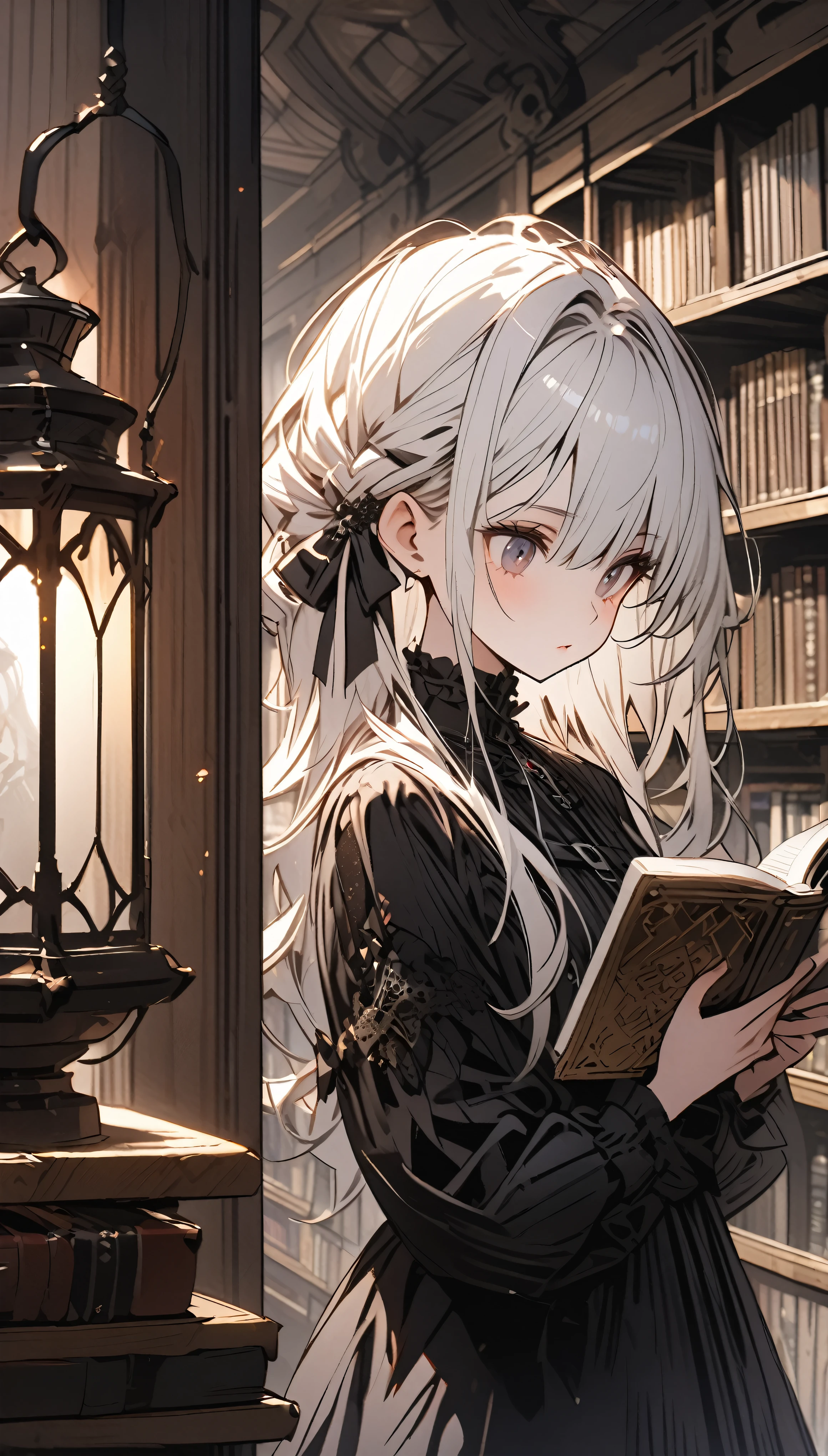 Beautiful girl with white hair，Wearing a black gothic skirt，Standing next to the bookshelf and reading a book，library，A metal lantern is placed nearby.，solo，Character Close-up，Detailed characters