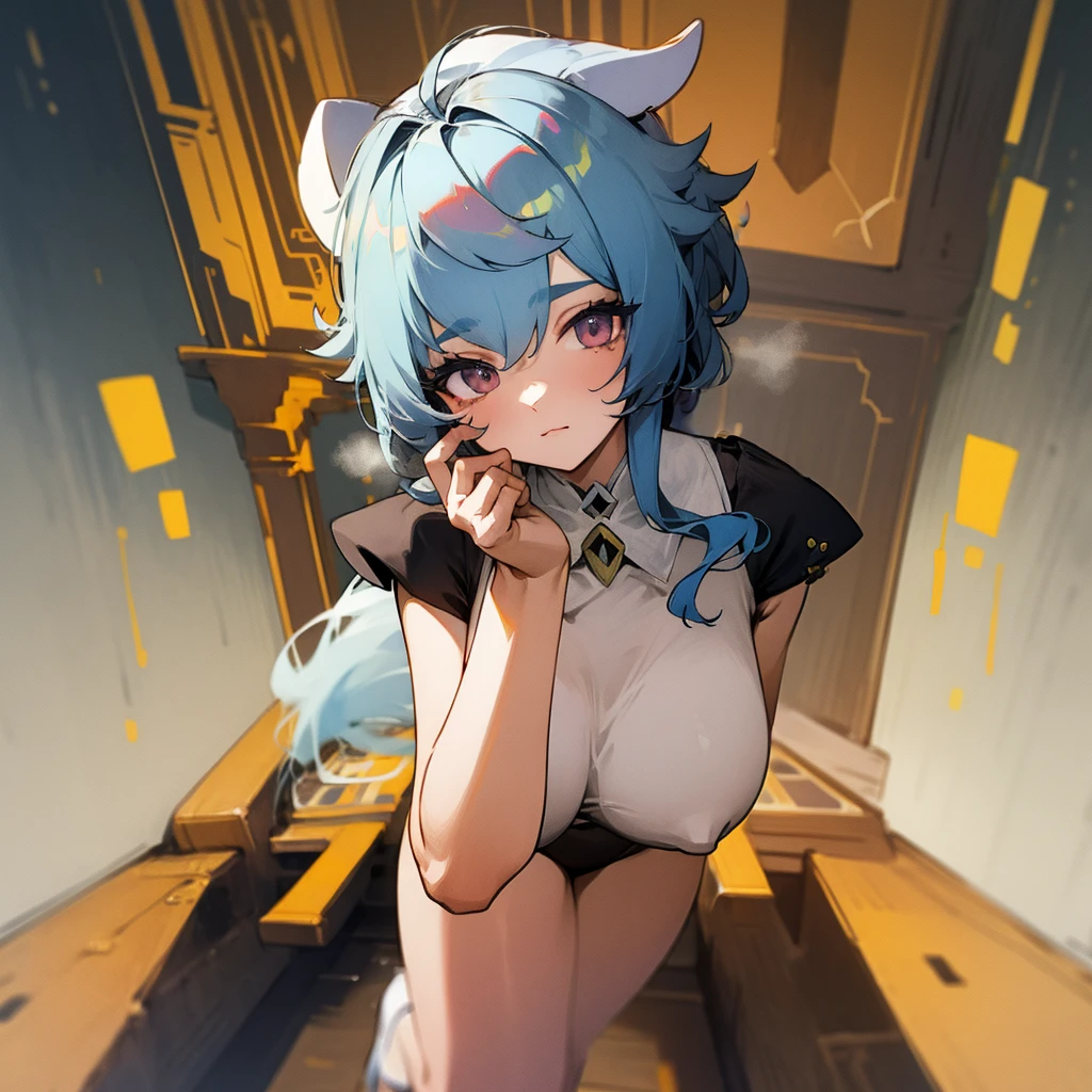 （(Highest quality))（(masterpiece))（(detailed))(nsfw）（(Highest quality))（(masterpiece))（(detailed))(Browsing Caution) (One Woman)  (standing position, One leg up) Blue Hair、blush、Large Breasts、Sweat、milf 、horn　lewd