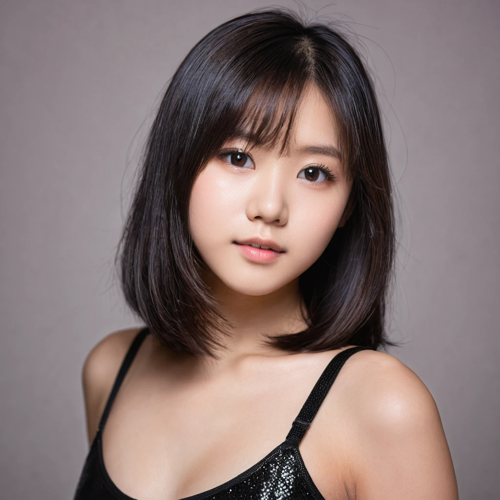 Yui, photo of age 15 year female, black shoulder length hair, big breasts; (rim lighting, studio lighting), (film grain, highly detailed glossy eyes, high detailed skin, skin pores);