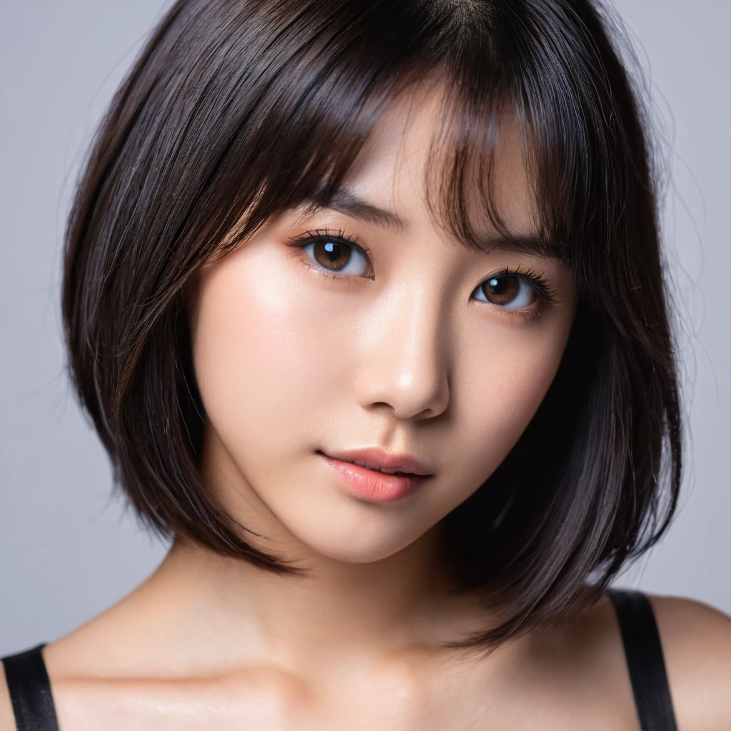 Yui, photo of female, , black shoulder length hair with brown highlights;; (rim lighting, studio lighting), (dslr, ultra quality, film grain, Fujifilm XT3, crystal clear, 8K UHD, highly detailed glossy eyes, high detailed skin, skin pores), wear black bodycon, sexy pose