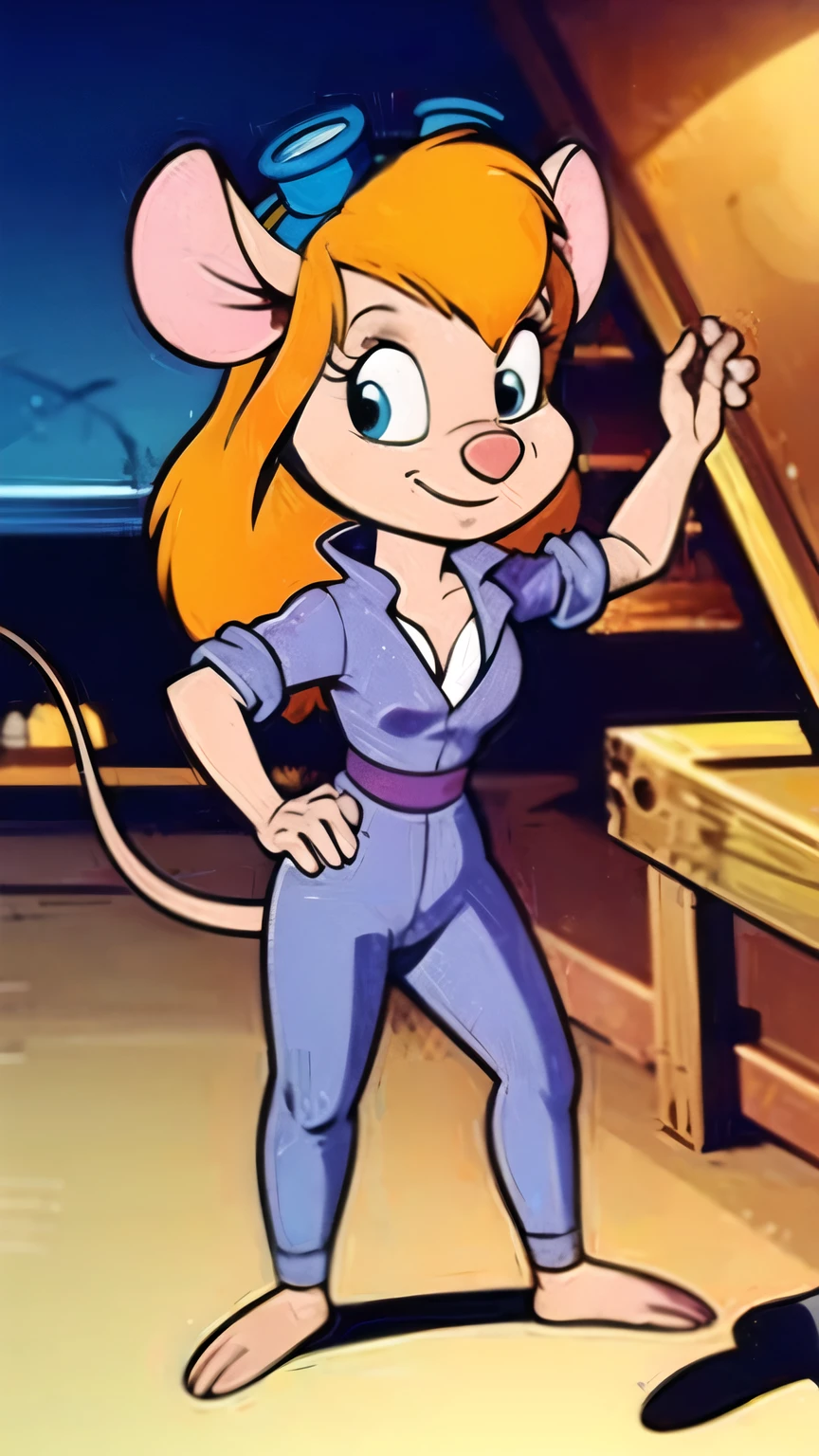 CARTOON_gadget_hackwrench mouse, mouse girl, animal nose, orange hair, jumpsuit, goggles on head, bare feet, animal feet, smiling, long mouse tail, workshop background, work bench, cleavage 