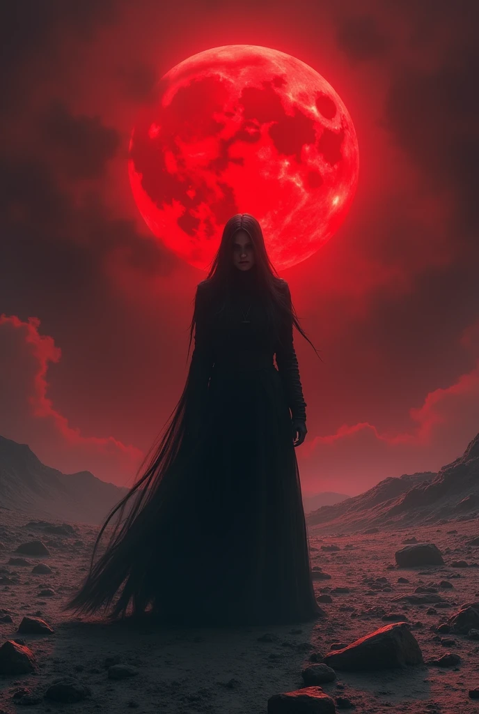 On the moon an evil women can be seen and the sky is blood red