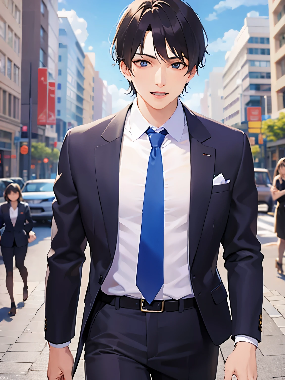 masterpiece,Highest quality,BREAK(A 29-year-old man:1.5) and (Black short hair) and (blue eyes)and (Wearing a suit) and (Blue tie)BREAK,(smile),(open mouth),The background is an office district,outside,Alone,Walking