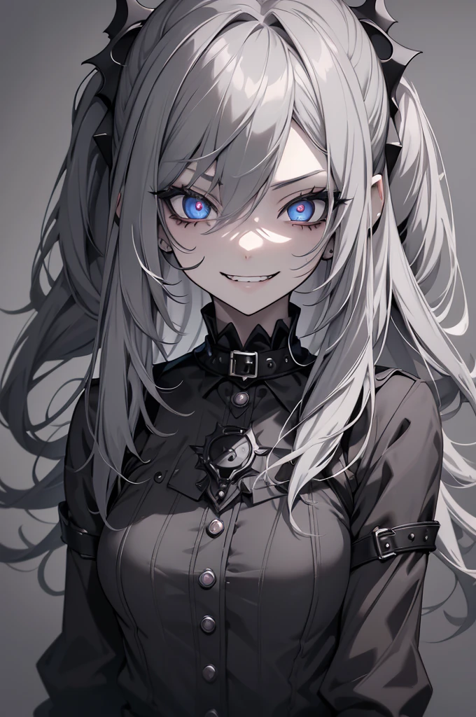 (digital painting),(best quality), masterpiece, 8k resolution, (grey background:1.4), anime girl, one girl, solo, goth girl, pale skin, seducing, psycho, crazy smile, big eyes, detailed eyes, cute girl, dynamic lighting, sticker design,