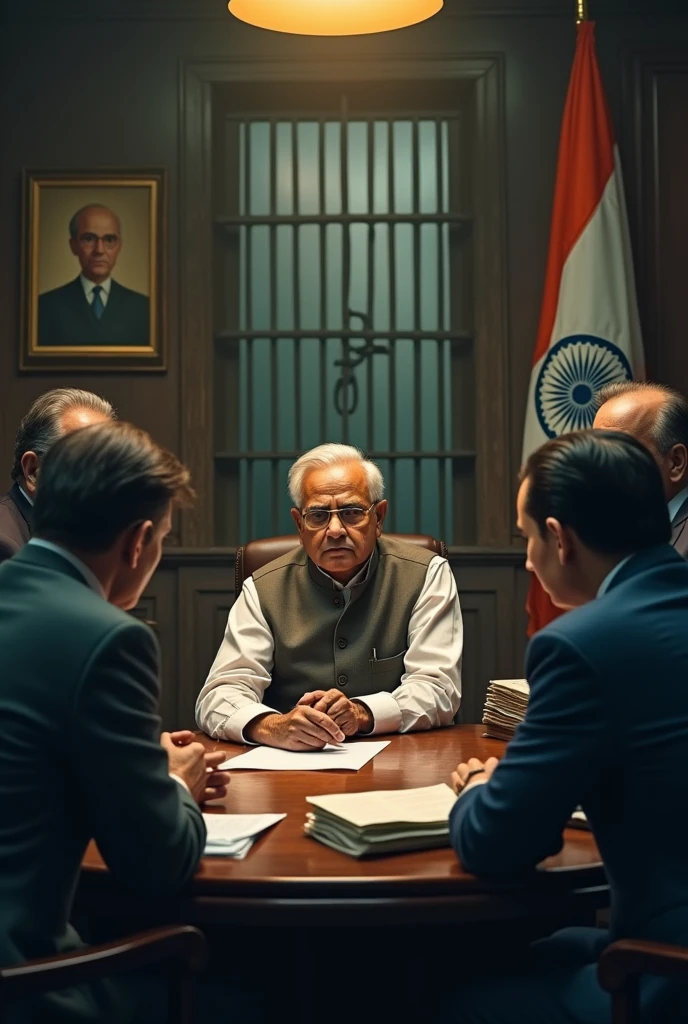 In a dimly lit office filled with tension, influential political figures gather around a table, deep in discussion. The room is filled with the symbols of power—framed portraits of leaders, stacks of documents, and a national flag in the background. One central figure, an Indian politician, sits at the head of the table, his face serious as others lean in, strategizing to exert political pressure. In the background, a blurred image of a jail cell is visible, symbolizing the looming threat. The atmosphere is intense, with a sense of urgency and behind-the-scenes maneuvering to protect the politician from legal troubles