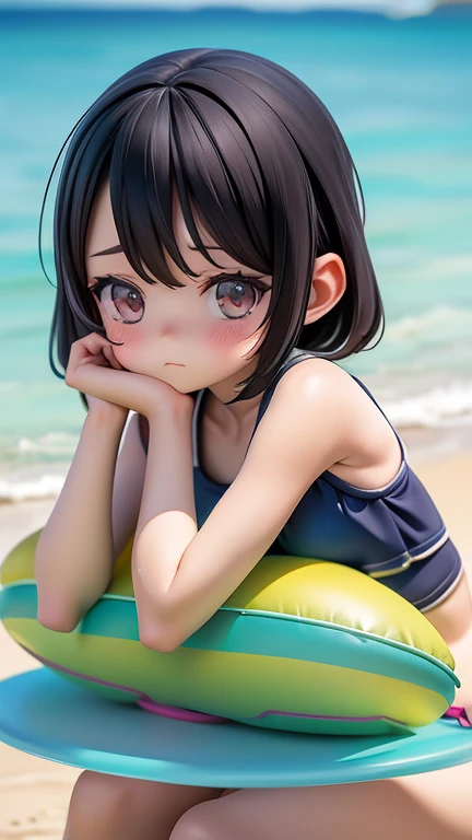 Swimwear、Girl、Black Hair,、The forehead is visible、Forehead、whole body、Sitting with legs crossed
