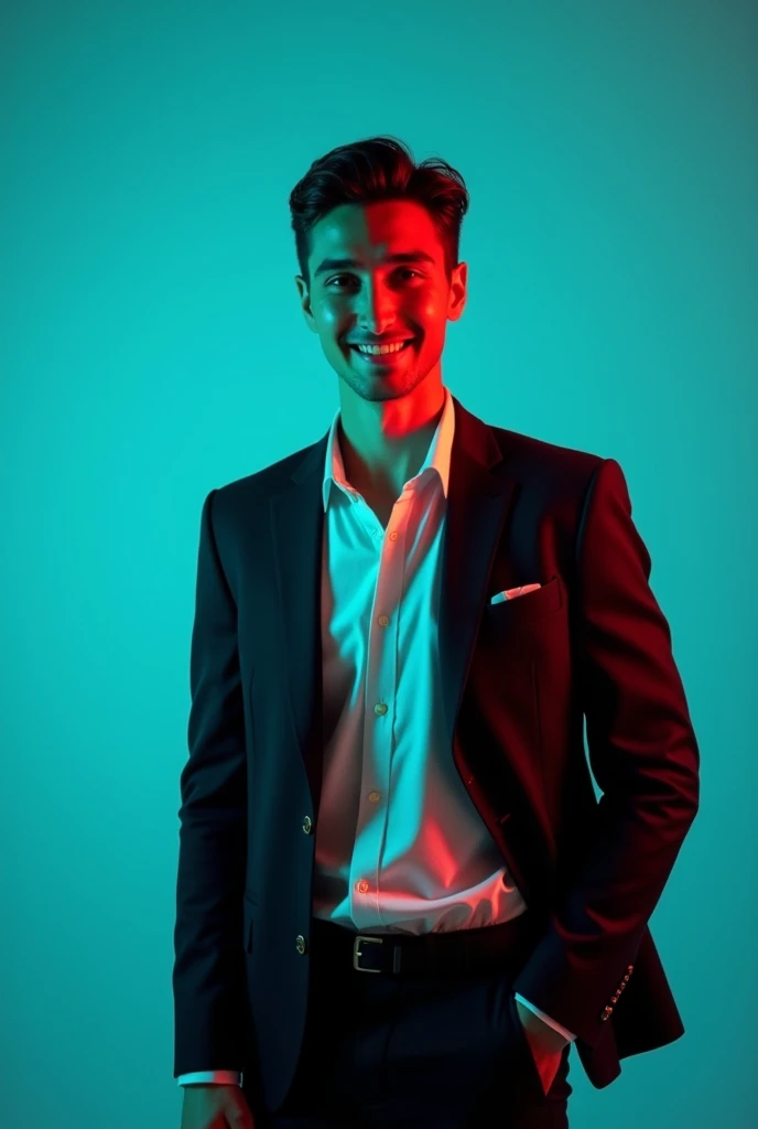 A young Man With Dark hair and a confident smile He is Dressed in a black blazer over a white shirt The man is positioned against aqua colour backdrop with a subtle red lighting on t