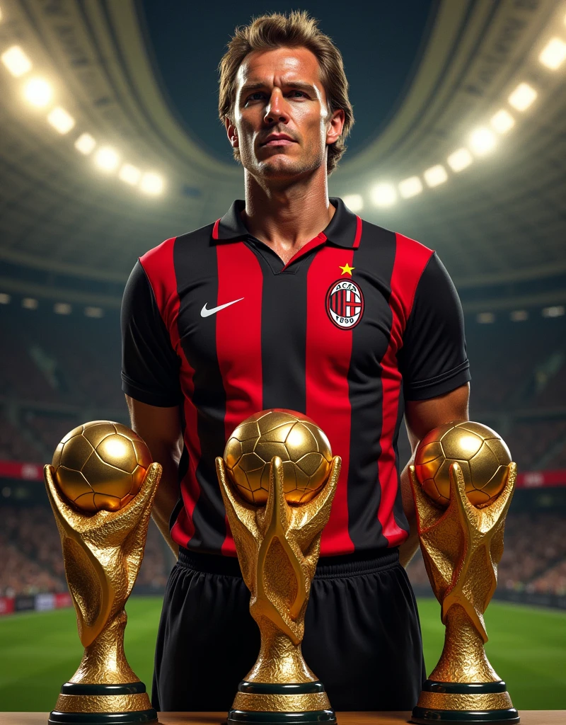 Marco van Basten in his AC Milan jersey, surrounded by his 3 Ballon d'Or trophies, with a backdrop of the San Siro stadium. The scene should emphasize his elegance and precision as a striker, with the trophies glowing in a golden hue.