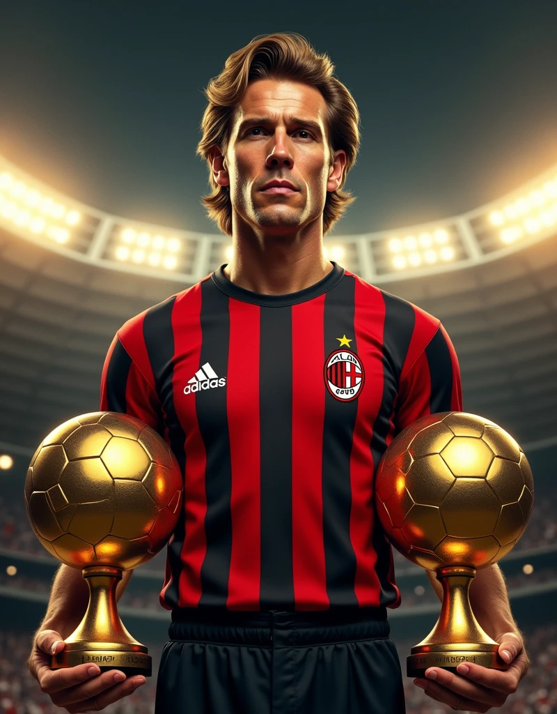 Marco van Basten in his AC Milan jersey, surrounded by his 3 Ballon d'Or trophies, with a backdrop of the San Siro stadium. The scene should emphasize his elegance and precision as a striker, with the trophies glowing in a golden hue.






