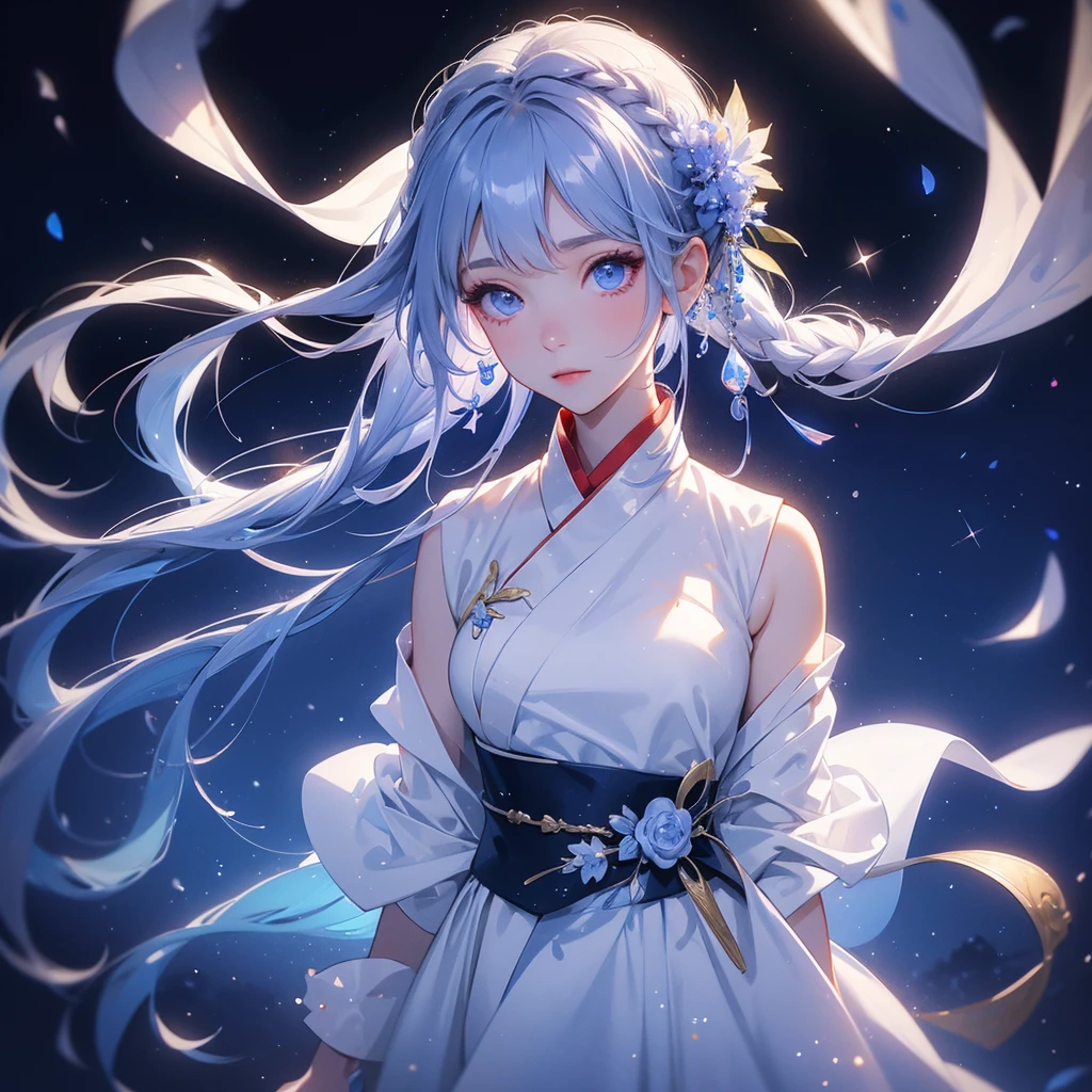 A beautiful female in white hanfu dress , Standing in the middle of dark night, with moonlight and millions of stars, twinkling everywhere, with blue light, close up.