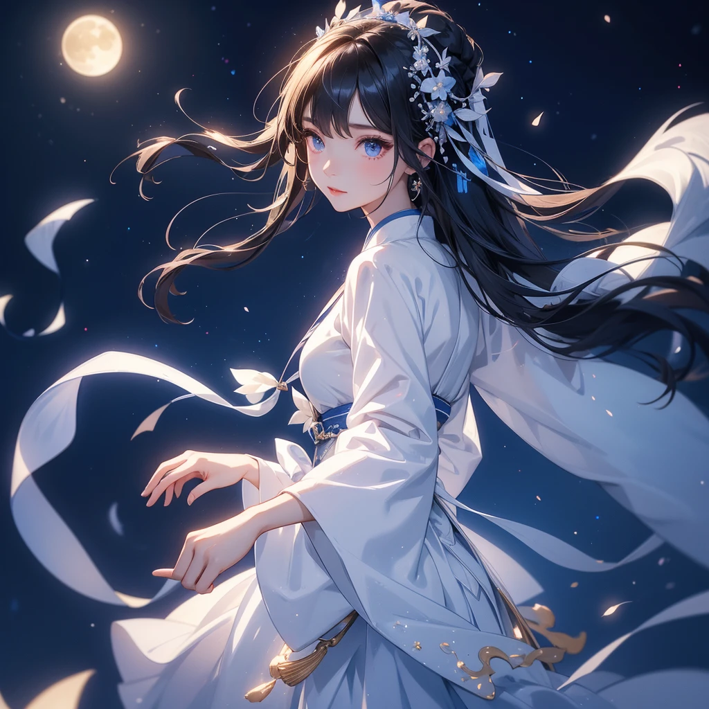 A beautiful female in white hanfu dress , Standing in the middle of dark night, with moonlight and millions of stars, twinkling everywhere, with blue light, close up.