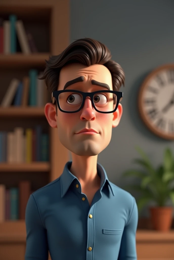 A 3D render of a stylized Pixar-style animation of a 35 year old man with black glasses and a blue shirt. The man has a pretty serious face. The background is a blurred image of a room with bookshelves and a plant. The lighting is cinematic with a soft focus on the man.