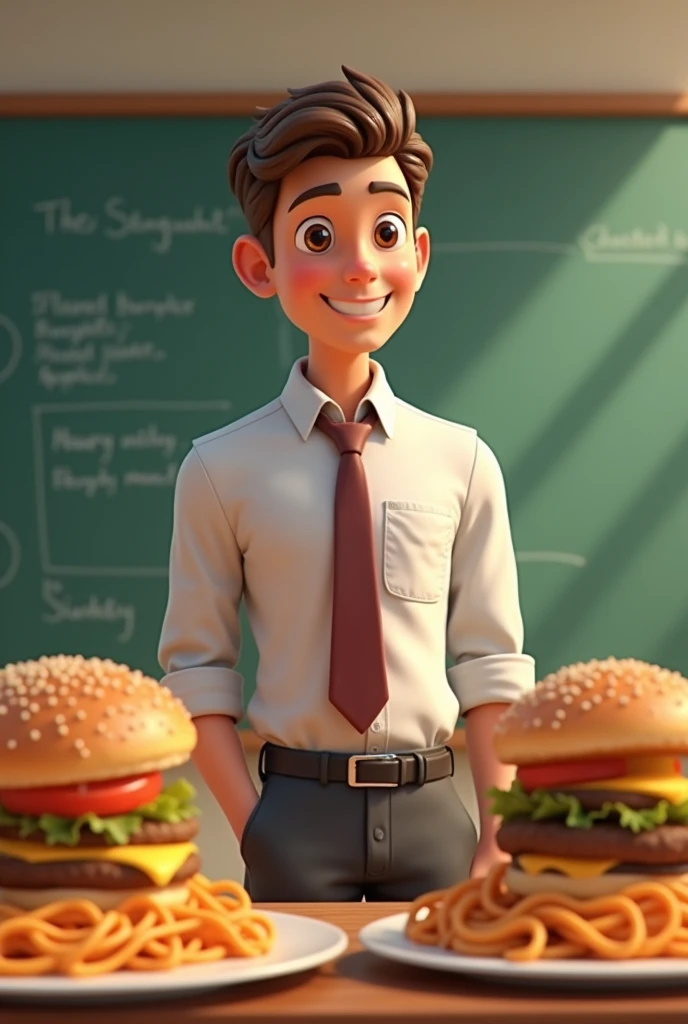 A young cute guy teacher animated
with spaghetti and cheeseburger