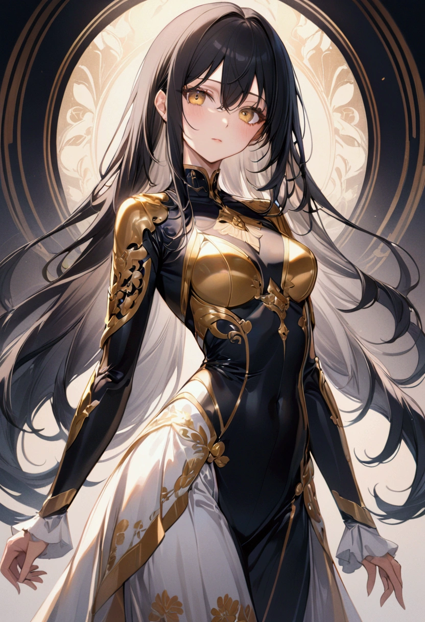 Anime girl with long straight black hair with white highlights, golden eyes, detailed body, detailed eyes, masterpiece, best quality, aesthetic, standard pose