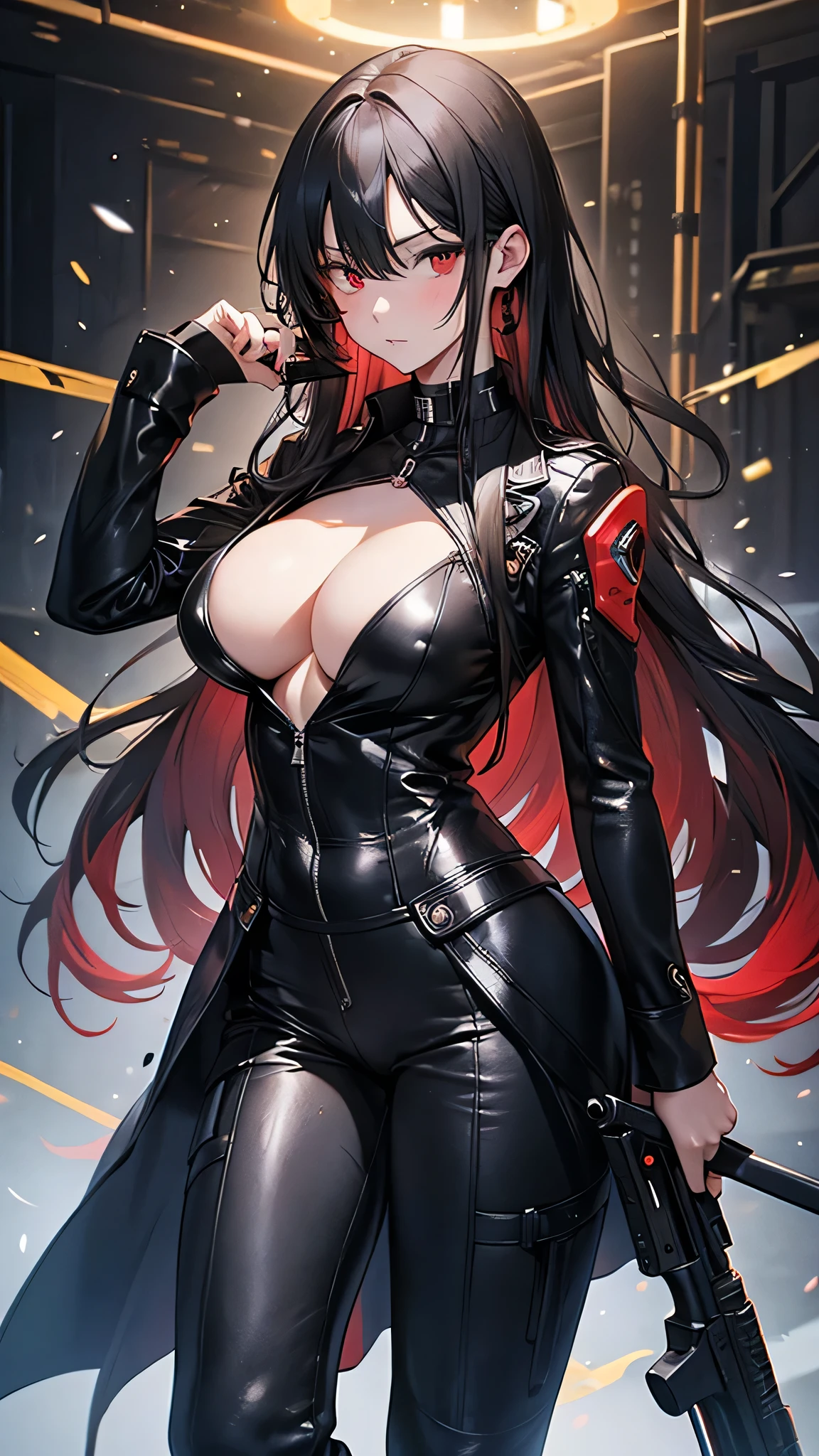 4K resolution,((Highest quality)),Ultra-high resolution,Adult women, alone, sexy, (Stern face), (Red eyes), Beautiful and symmetrical face, (Black irregular long hair), Black coat,Black suit pants,A mercenary woman,Realistic:1.4,Realistic:1.4,night,(masterpiece:1.2),Perfect Eyes,Perfect Eyes,Ample breasts,Holding a gun,In a dark warehouse,Curvy Body,Perfect Legs