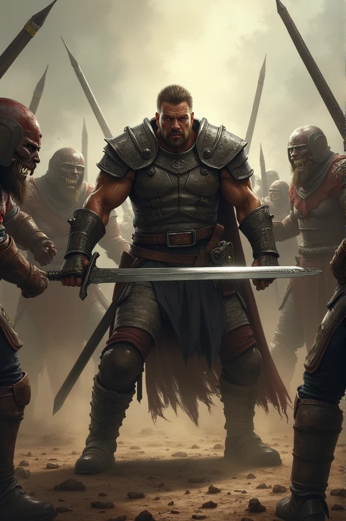 A man holding sword in  surrounded by enemies 