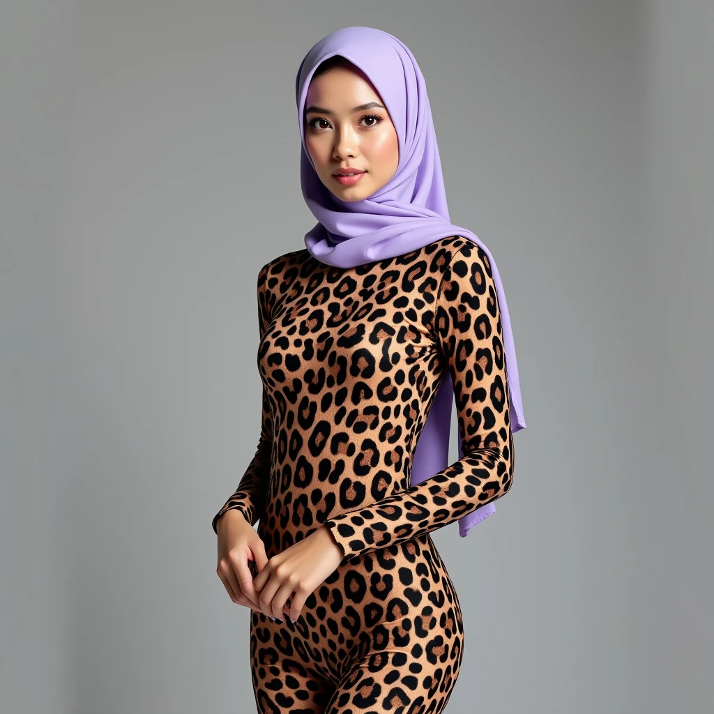 a most beautiful Asian muslimah woman with light purple leopard print hijab wears leopard print unitard catsuit.She always wear light purple leopard print hijab.