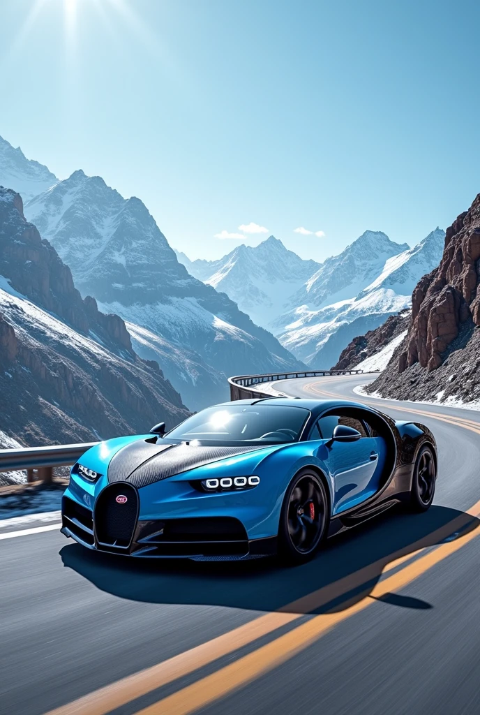 A black and blue shade Bugatti up to the mountain 