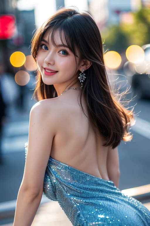 8k, masterpiece, RAW photo, best quality, photorealistic, extremely detailed CG unity 8k wallpaper, Depth of field, Cinematic Light, Lens Flare, Ray tracing, (extremely beautiful face, beautiful lips, beautiful eyes), intricate detail face, ((ultra detailed skin)) , pretty asian girl, ((looking at viewer)),(big smile), (blurry background), midnight, (pretty girl), earrings, bracelets, necklace, clear eyes, (pale skin), face forward, (big eyes), (looking at viewer), large breasts, ((smile)), cityscape, blue eyes, sparkling dress, veloptious body, proportional body, mini dress, very short red dress, open breasts, veranda, very slim, (medium butt), see through dress, thick thighs, open breas
