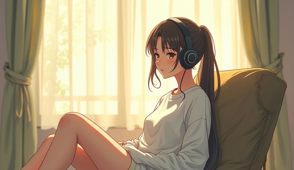 morning、Listen to music in the room、Sit on a chair、high school girl、Big Breasts、 relax、White sweatshirt、ponytail、Use headphones, Bright environment、2D-style animation, Lo-Fi、Retro、Anime style illustrations、Line art with clear outlines