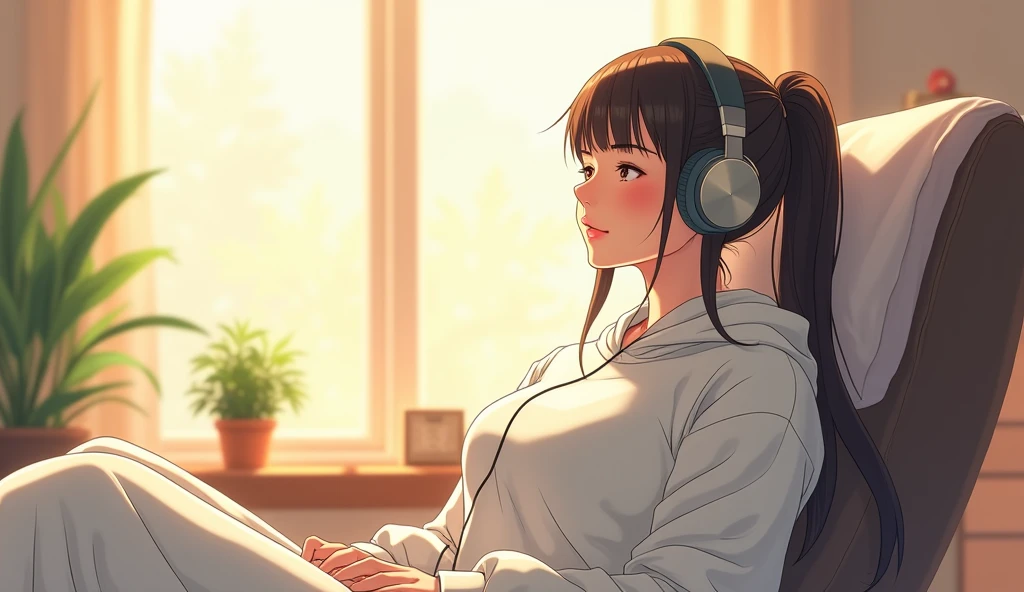 morning、Listen to music in the room、Sit on a chair、high school girl、Big Breasts、 relax、White sweatshirt、ponytail、Use headphones, Bright environment、2D-style animation, Lo-Fi、Retro、Anime style illustrations、Line art with clear outlines