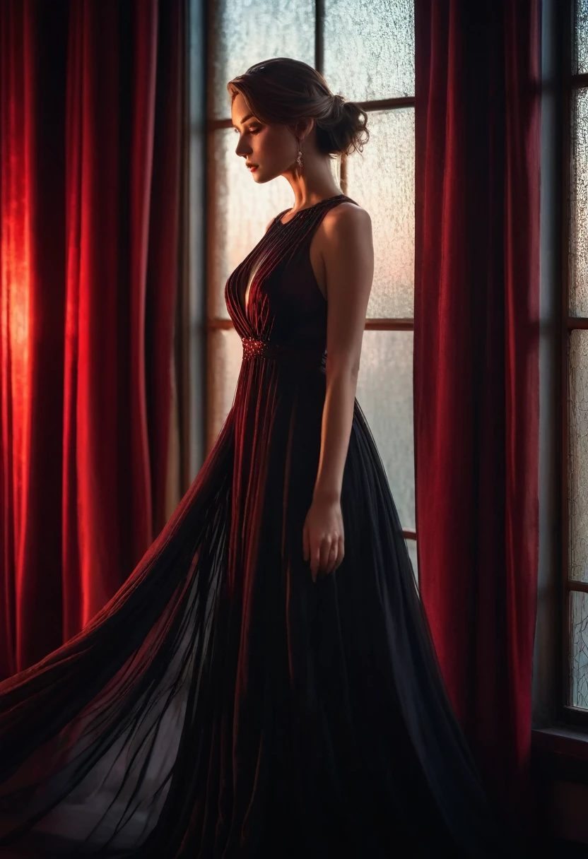 closeup shot, woman in a dress standing in front of a window, romanticism, in evening gown, flowing gown, wearing a flowing dress, mysterious woman, haunting beautiful young woman, wearing a black flowing dress, flowing dress, woman in dress, extremely moody red lighting, 