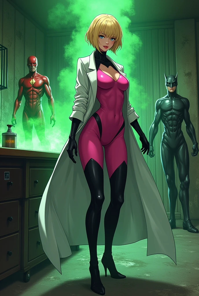 Anime style, Sultry and Beautiful young woman with a soul of pure evil and hatred. Short blonde hair that covers her left eye and blue eyed supervillain dressed in a sleek skintight pink bodysuit, long black gloves and black calf high boots. A long white lab coat over her bodysuit competes the look. She is posing and emanating green energy. She has a smile crossing her thin red lips. The setting is a dirty laboratory with a captured costumed hero in a cage. She is creating poisons in a lab.