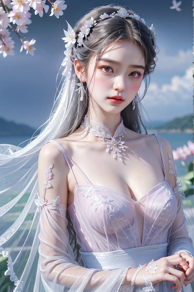 dress,wings,fairy,, 头发周围有白色Butterfly兰，Lilac dendrobium、orange lily、White Lily、1 girl、Full body image、White hair、Floating hair、Hazy Beauty、Full breasts, cleveage, Have extremely beautiful facial features、Hairpin on head、Lying in the flowers、Drag your chin with both hands、Perfect hands、Rosette、(spring、Rainy Day、Butterfly、cliff)、 Vector Art、Chinese Contemporary Art、Soft Light、look down，Exquisite makeup，Blush，blush，Shy expression, Elegant posture