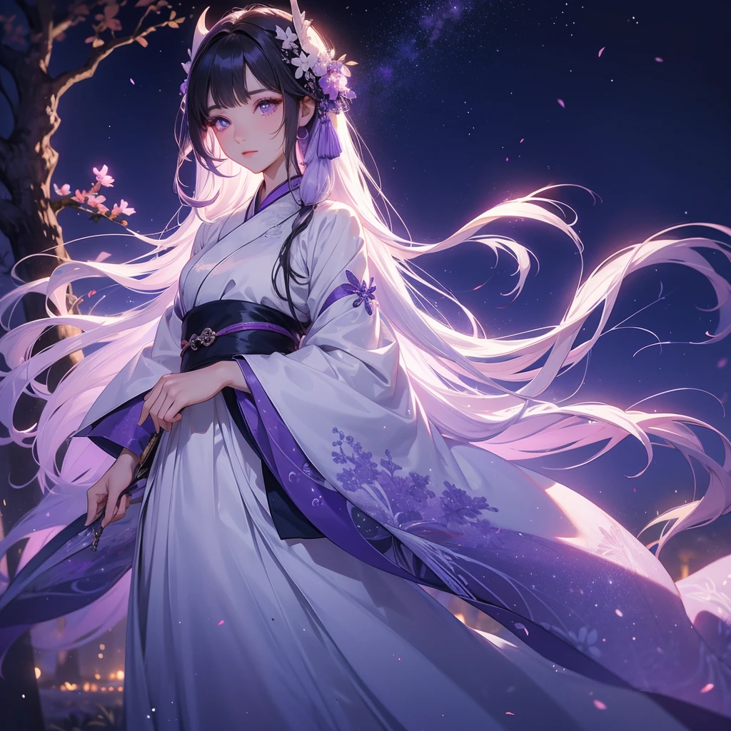 A beautiful female in white hanfu dress , Standing in the middle of Background is a dark moonless night, with dry trees in the background, and purple glowing light , close up.