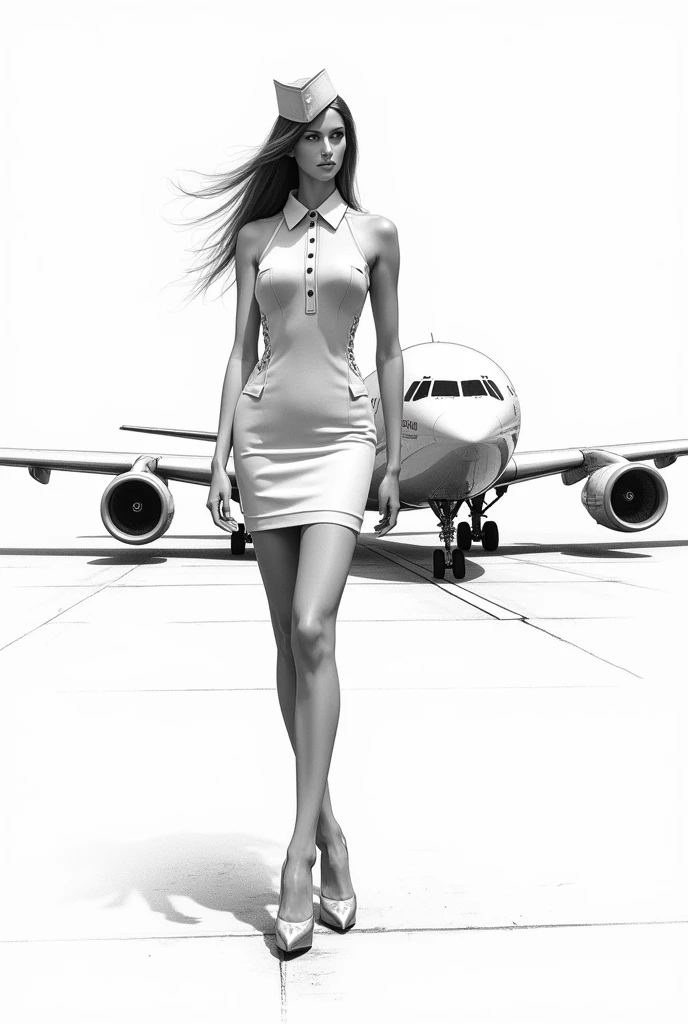 A sexy Flight Attendant Model NO FACE with an Aircraft behind her, drawing draft sketch in black and white.
