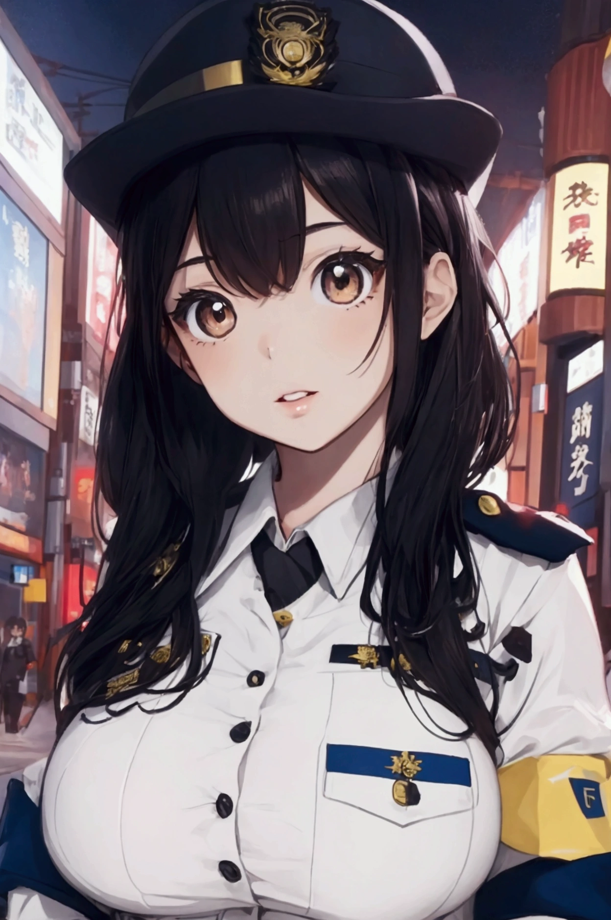 (ultra highres、ultra quality、Masterpiece、8k、),A girl with light  hair drawn in high resolution policewoman.japannse police woman、Young and cute 、Asian woman,s hot, Japanese Model, Cute Core,  , Chubby 、(big breast)、Town、Fluffy white blouse