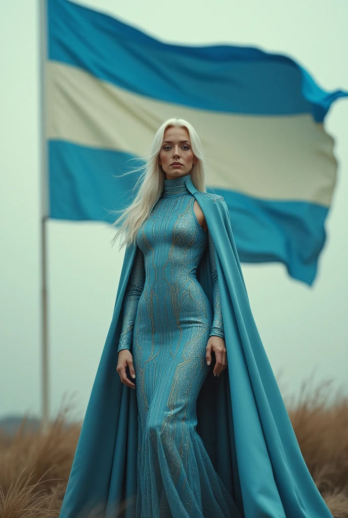 A woman stands looking out at the horizon. In the background a large flag floats in the wind. This flag has 3 horizontal stripes, two blue and one cream in the middle. The tension is intense, the queen is a woman 30 years old, very long straight hair, very blond hair, slim, blue eyes, wearing a cream and blue color futurist long royal dress with a printed circuit board cape, intense gazing eyes, ultra-resolution, intricately detailed, low angle, 8k by Helmut Newton