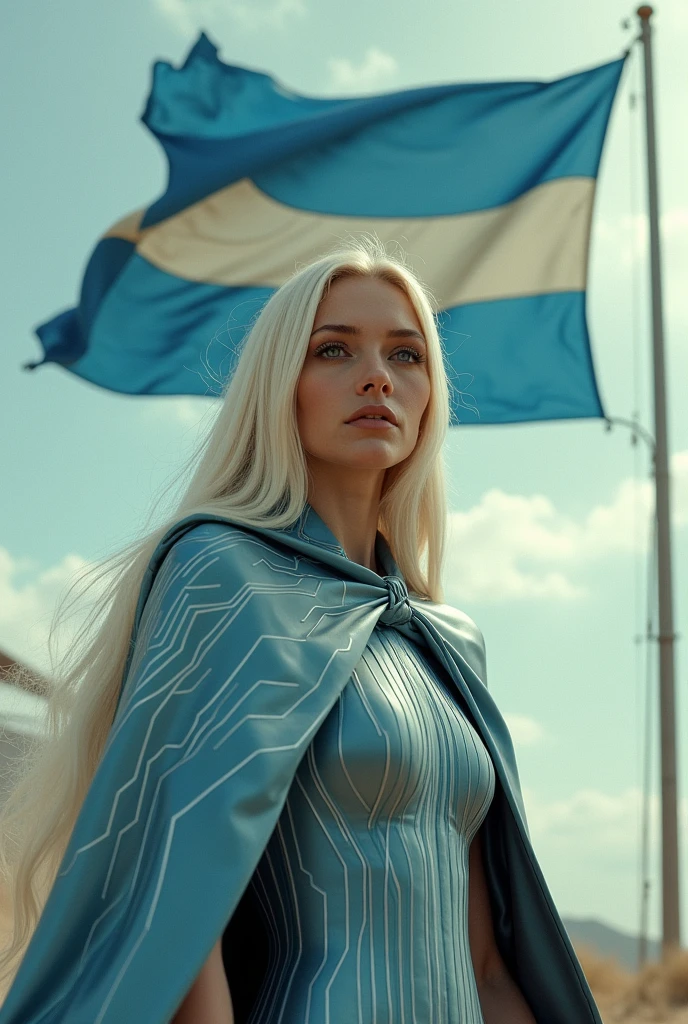 A woman stands looking out at the horizon. In the background a large flag floats in the wind. This flag has 3 horizontal stripes, two blue and one cream in the middle. The tension is intense, the queen is a woman 30 years old, very long straight hair, very blond hair, slim, blue eyes, wearing a cream and blue color futurist long royal dress with a printed circuit board cape, intense gazing eyes, ultra-resolution, intricately detailed, low angle, 8k by Helmut Newton