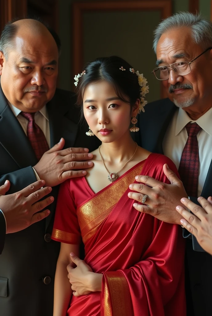  Korean girl wearing red indian silky saree,red silky blouse, indian traditional hair style, big chest surrounded by old indian fat businessman putting their hands on her, her face expression scared and fear uncomfortable 