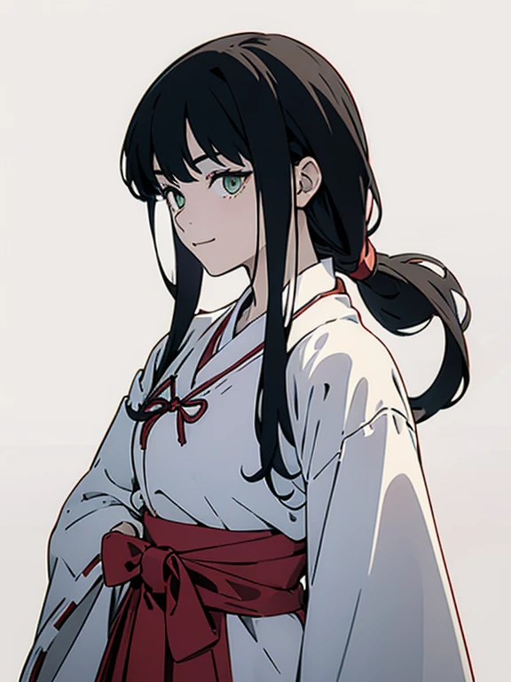 (((Portrait of a person standing against a white background))), The beautiful girl named "Midori" is an 18-year-old shrine maiden with green eyes and black medium hair. She is wearing miko costume, white outer garment, red skirt, and long boots., She holds a wooden sword in her left hand., Her hair is shoulder length and tied at the back., She stands diagonally to the left facing the viewer against a white background., green eyes, smile, (full body, 1:1 ratio of upper body to lower body), (masterpiece, Best Quality, Ultra-high resolution, Best illustrations, Very delicate and cute face), 