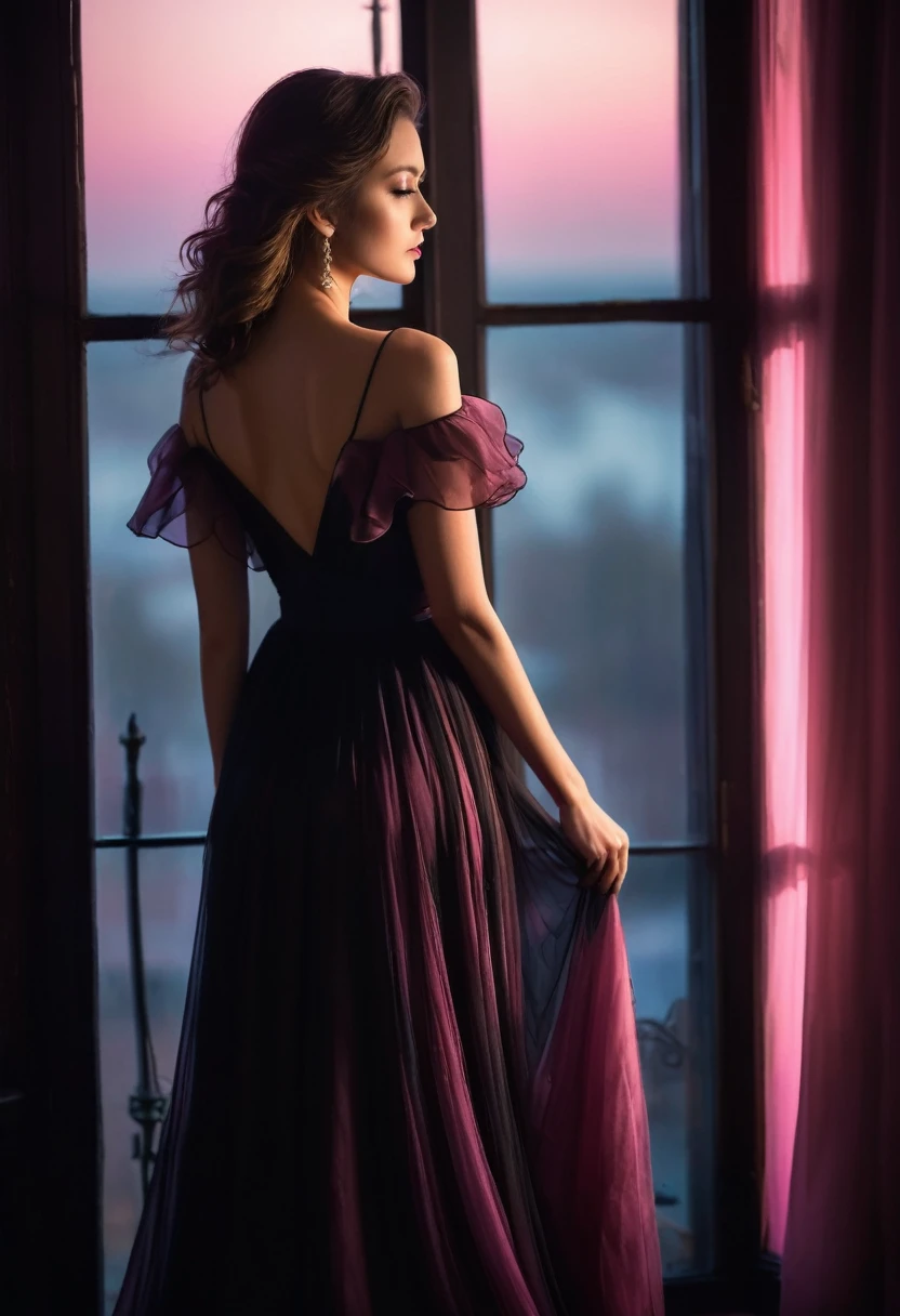 closeup shot, woman in a dress standing in front of a window, romanticism, in evening gown, flowing gown, wearing a flowing dress, mysterious woman, haunting beautiful young woman, wearing a black flowing dress, flowing dress, woman in dress, extremely moody pink lighting, 