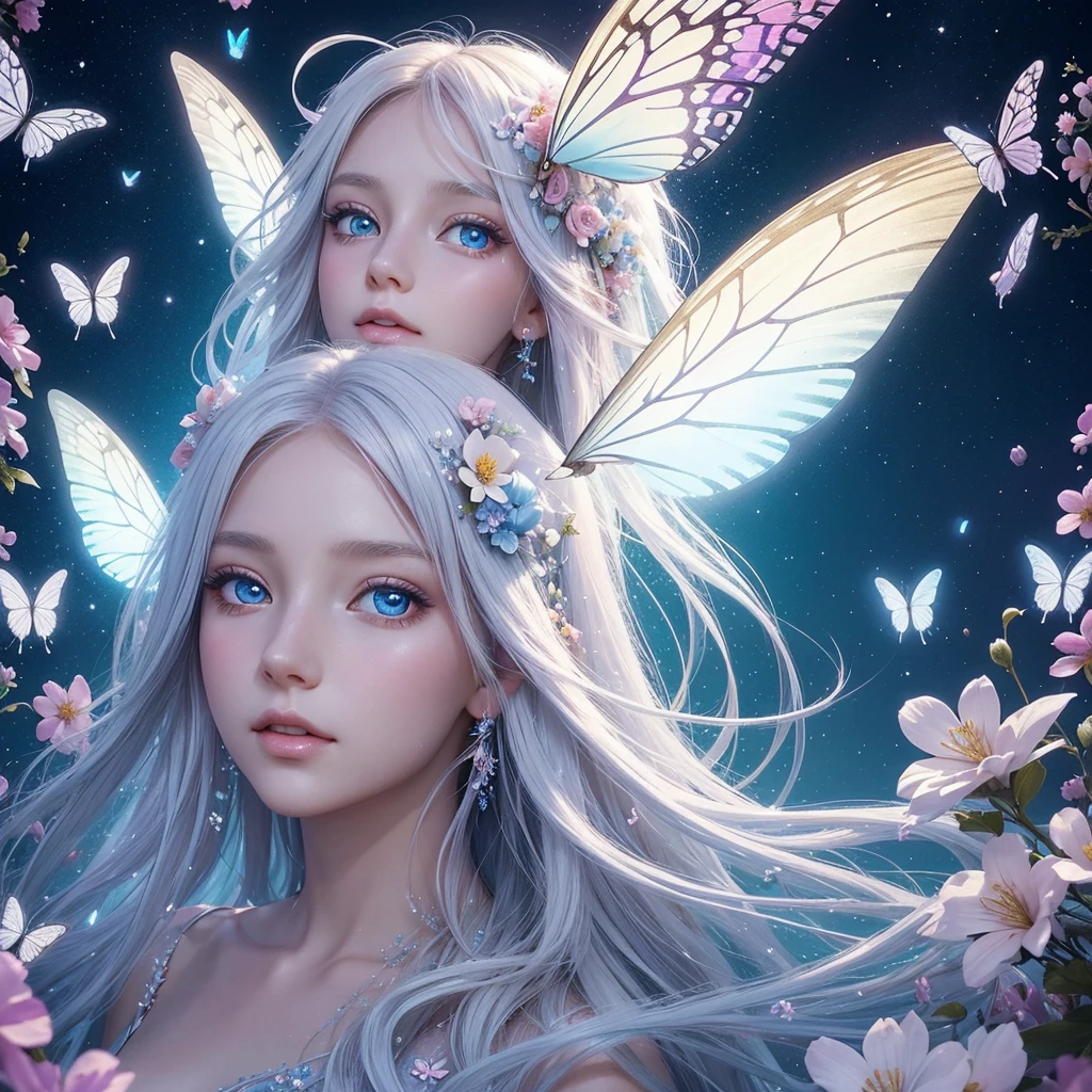 A dreamy, digital art of a young woman with long, flowing white hair adorned with colorful butterflies and delicate flowers. She gazes upward with large, enchanting eyes that shimmer with a soft glow. The background features a serene blue sky, enhancing the whimsical atmosphere. Sparkling light effects add a magical touch to the scene.