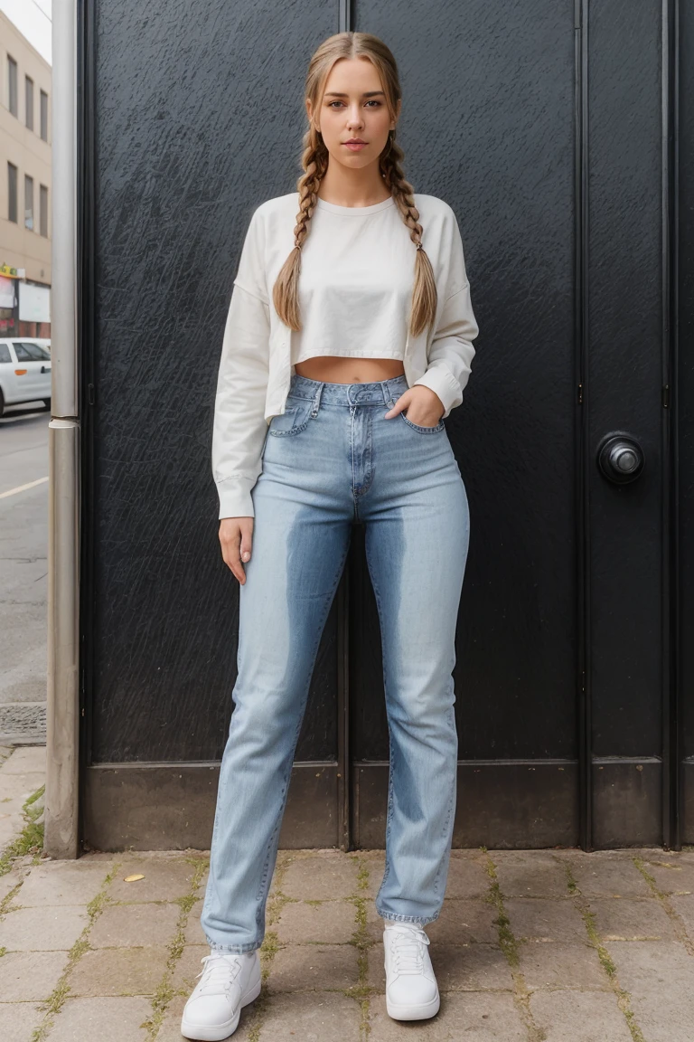 A woman wearing HOLLY ASYMMETRIC STRAIGHT LEG JEAN LIGHT WASH DENIM and GOLDEN ENERGY CROP TOP WHITE [Full-Body shot], [Realistic skin], [35mm lens, renowned for street photography and close-ups] --Her hairstyle is beautiful in braids --big chest --Unreal engine 5. [without clothes]. Realistic 16K

