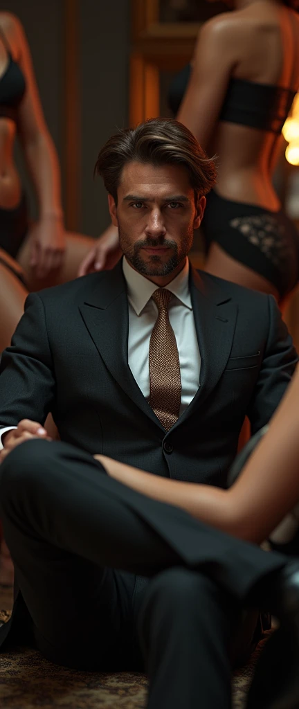 a stylish man in a suit and tie reclining while laying flat, with multiple girls laying around him, their legs visible in the frame, (best quality,4k,8k,highres,masterpiece:1.2),ultra-detailed,(realistic,photorealistic,photo-realistic:1.37),HDR,UHD,studio lighting,ultra-fine painting,sharp focus,physically-based rendering,extreme detail description,professional,vivid colors,bokeh,portrait,high fashion,elegant,glamorous,cinematic,dramatic lighting,moody,mysterious,sensual,sophisticated