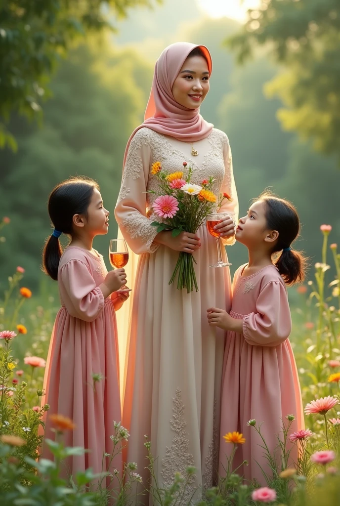 Girl from asia, Latina,hijab beautiful close long dress, Smile, grey eyes, Flower dress, Fruity her hand, second hand rosé, with two children, boy girl.hijab