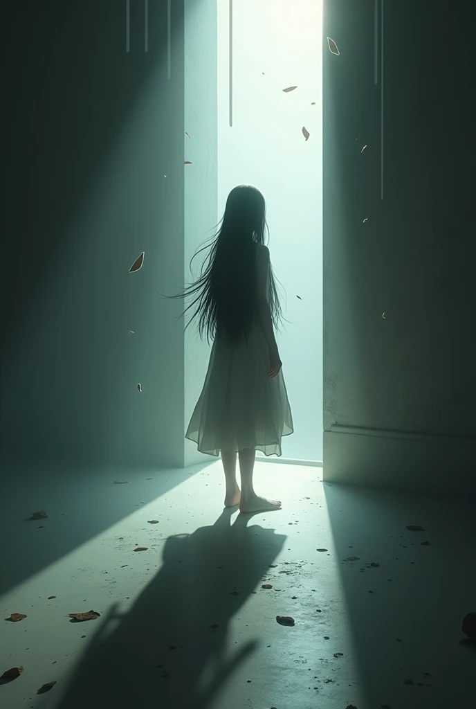 An isolated fantasy girl with long black hair stands alone in a dimly lit room, their shadow stretching long and dark across the floor. The room, though filled with fragments of light, feels heavy and muted. The figure’s gaze is distant, lost in thought, as shards of light seem to float around them, representing their fragile state. The atmosphere is a blend of melancholy and introspection, with a sense of looming fragility.