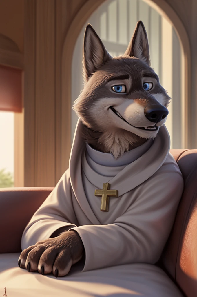 Larry (Zootopia), young wolf, gray fur, (brown body:1.3), beautiful blue eyes, Zootopia, white cassock, Catholic priest,white cassock, Cardinal,gold pectoral cross white collar,shoes footwear dog,wolf, detailed fur, Male, second, paw pads, claws, looks at the viewer, 5 fingers, paws, 4 toes,лежит Houses resting, icon jesus christ, 
BREAK from nextel, for dating, by xenoforge, (difficult, high detail,digital photography, soft focus,close to the camera, smile, positive, Good, mood, Houses, looks at the viewer, очень close to the camera,catholic priest,сидит Houses, resting, lying on the sofa, 
photorealism, realistic, photorealistic,digital style, subsurface scattering,очень close to the camera идет обниматся, нежная smile, Beautiful teeth, 
masterpiece, Best quality, ult,добрый wolf свящщенник, фотоrealistic, 8 thousand.)