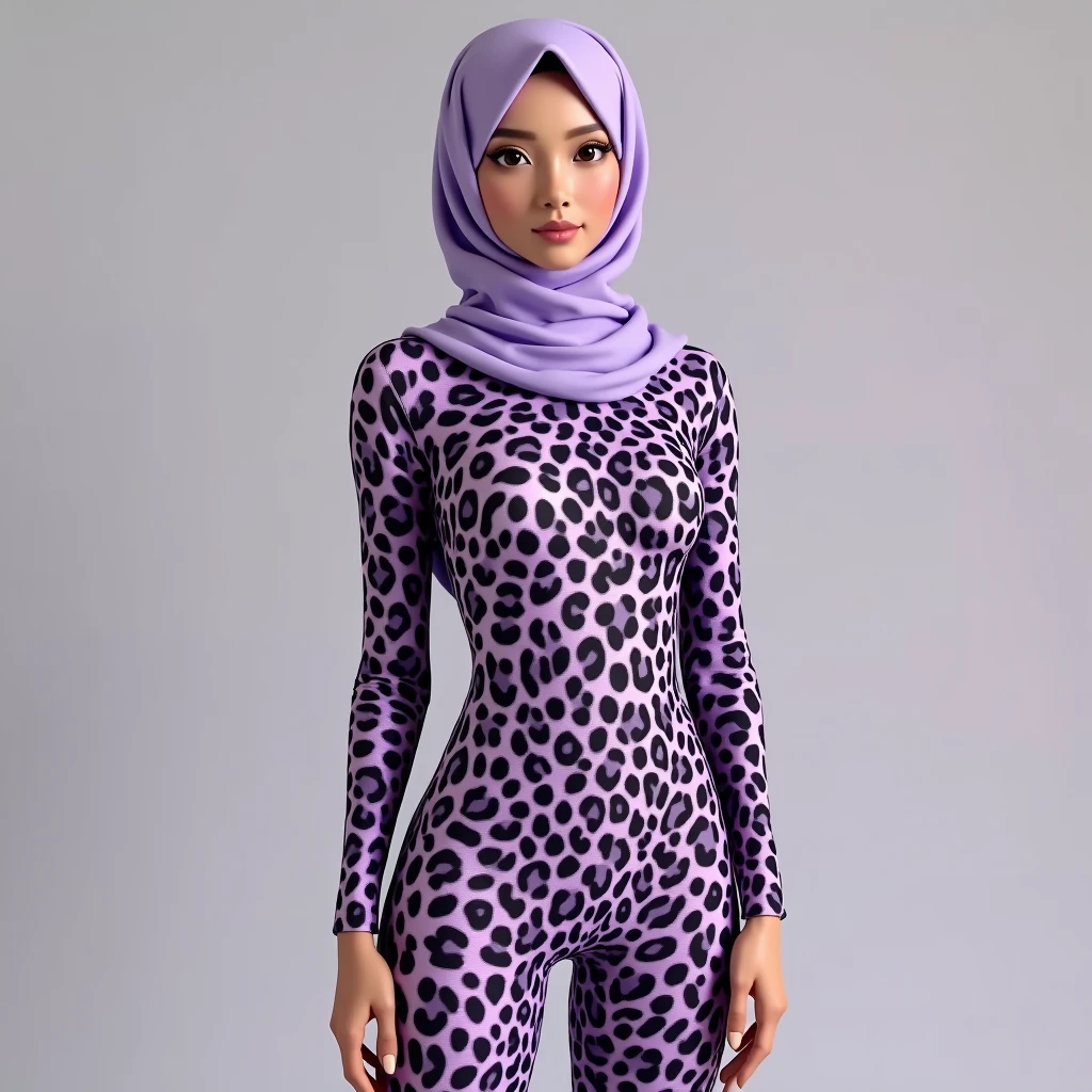 a most beautiful Asian muslimah woman with light purple leopard print hijab wears leopard print unitard catsuit.She always wear light purple leopard print hijab covered with spots.