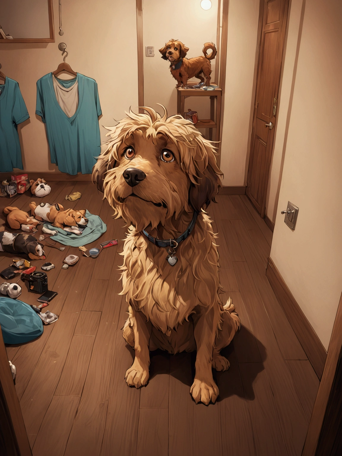 there is a dog cartoon charater in disney style that is sitting on the floor in the room, scruffy looking, looking straight to camera, by Romain brook, by Emma Andijewska, looking straight to the camera, selfie of a dog, his hair is messy and unkempt, retired barney, cute furry needs your help, portrait zeus, by Petr Brandl, looking smug