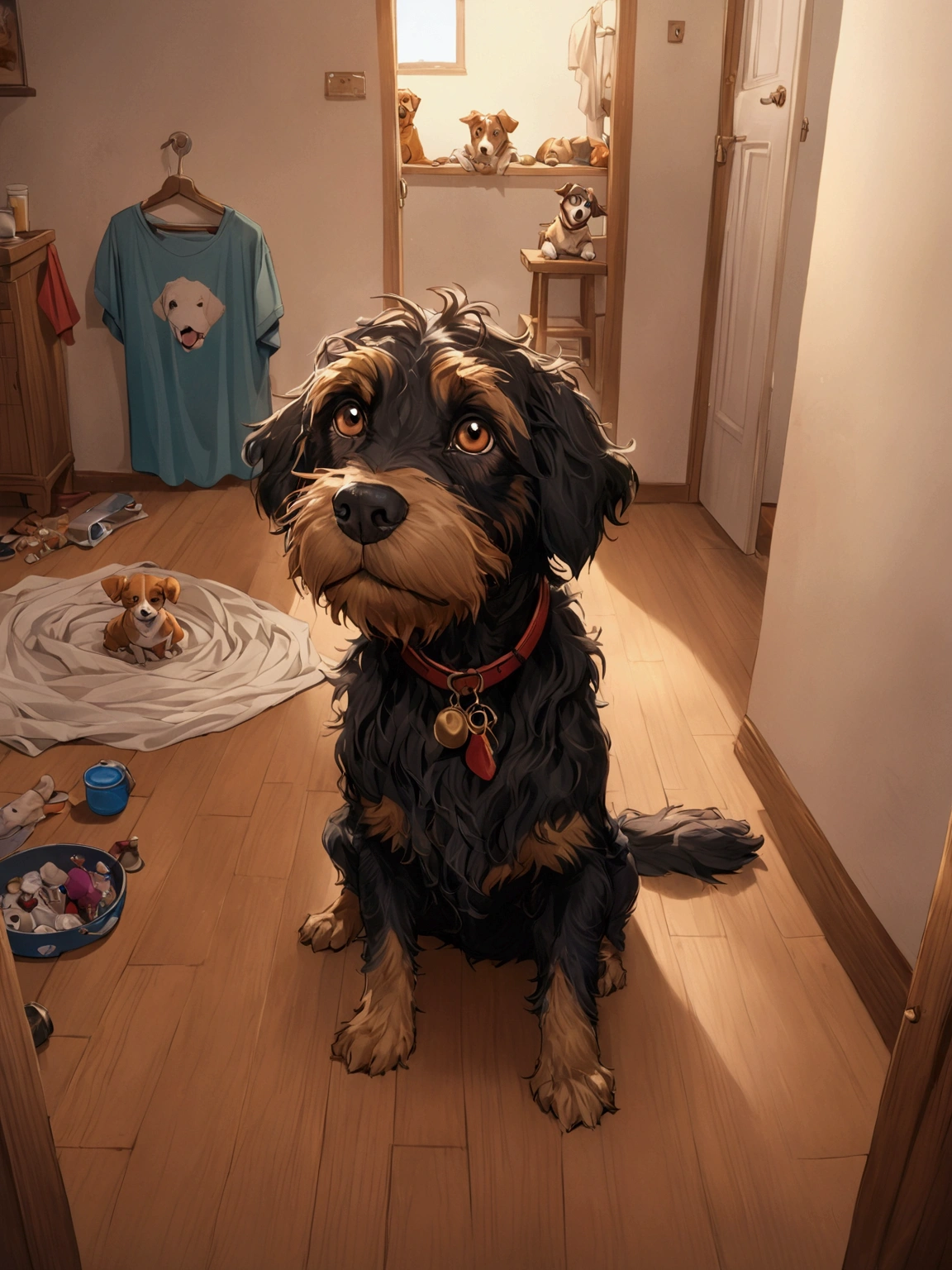 there is a dog cartoon charater in disney style that is sitting on the floor in the room, scruffy looking, looking straight to camera, by Romain brook, by Emma Andijewska, looking straight to the camera, selfie of a dog, his hair is messy and unkempt, retired barney, cute furry needs your help, portrait zeus, by Petr Brandl, looking smug