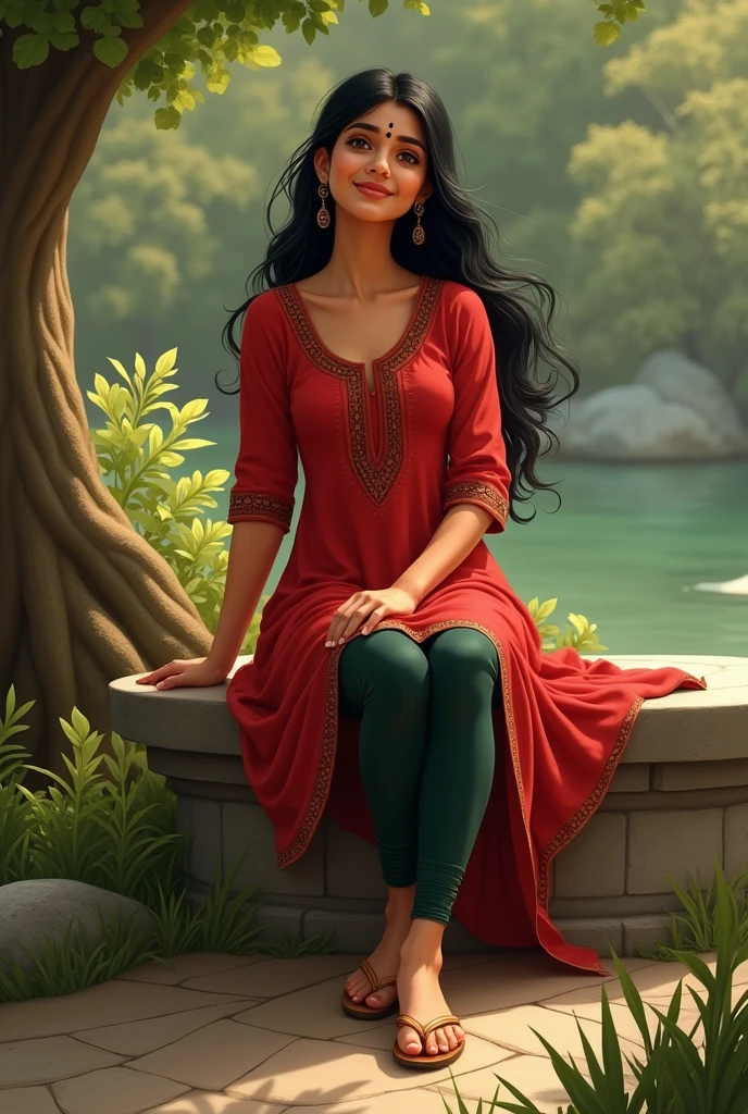 "A young Indian woman is sitting on a stone bench outdoors. She is wearing a vibrant red kurti with subtle patterns, paired with dark green leggings. Her long, black hair is styled to one side, cascading over her shoulder. She has a small black bindi on her forehead and is smiling gently. Her attire is complemented by traditional earrings and simple sandals. The background includes natural elements like a tree and some greenery, creating a serene and relaxed atmosphere." Realistic and engaging
